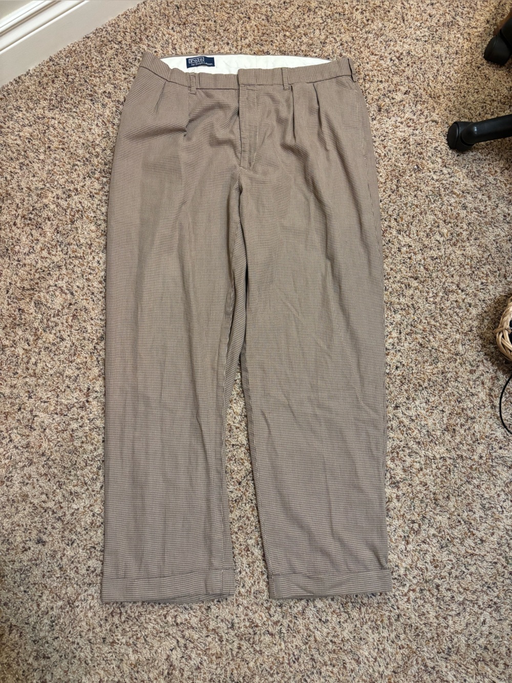 Vintage Polo Ralph Lauren Mens 38x32 Brown Houndstooth Pleated Dress Pants